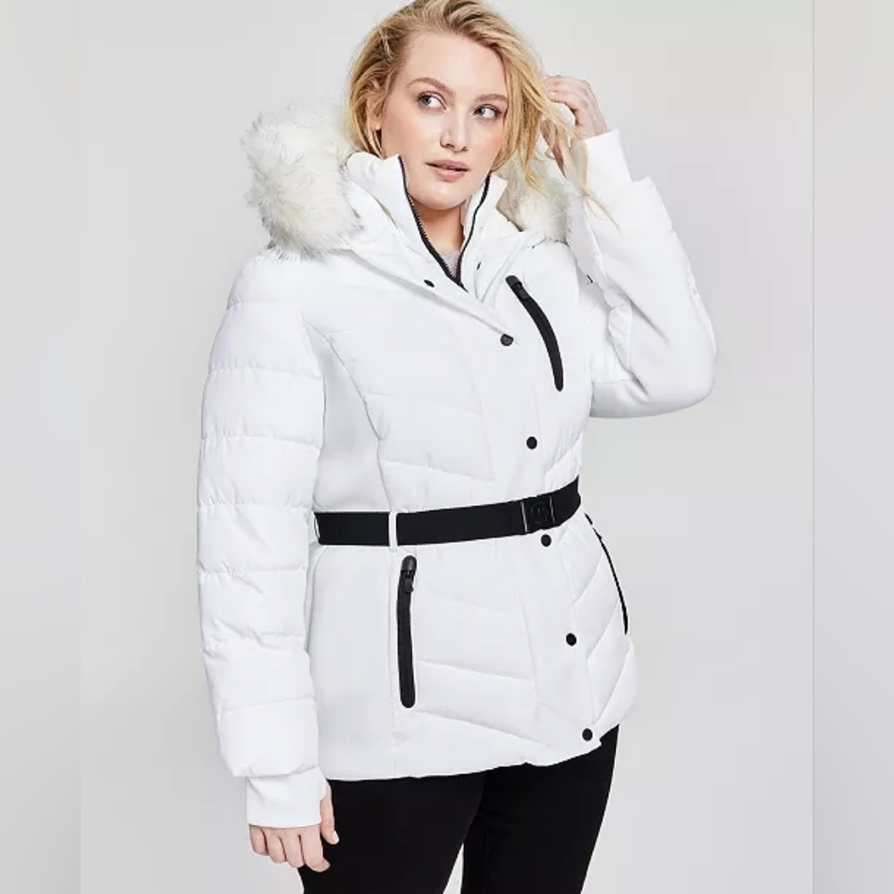 Michael Kors Women's White Puffer Jacket with Faux Fur Hood. Size Large